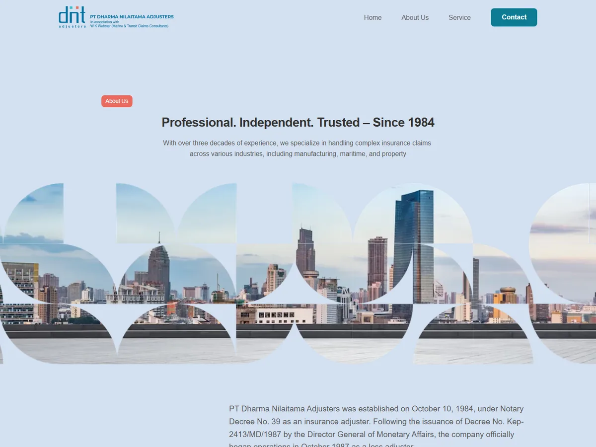 About Us: the company story, with a mosaic of city skylines.
