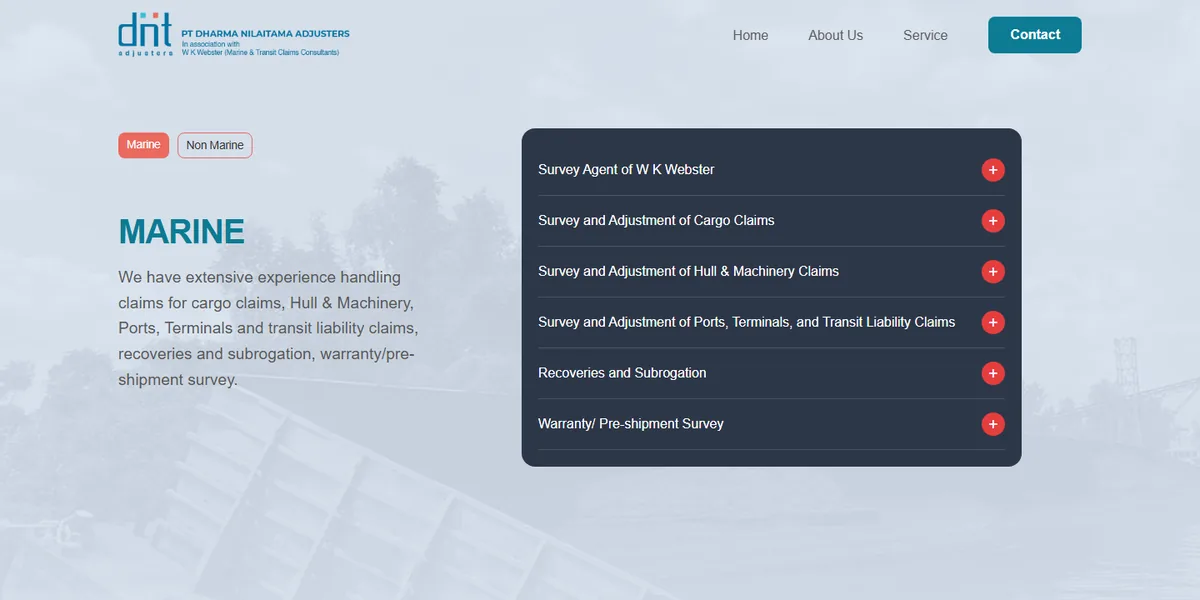 Services: Marine and Non Marine tabs, each with its own list of claim types.