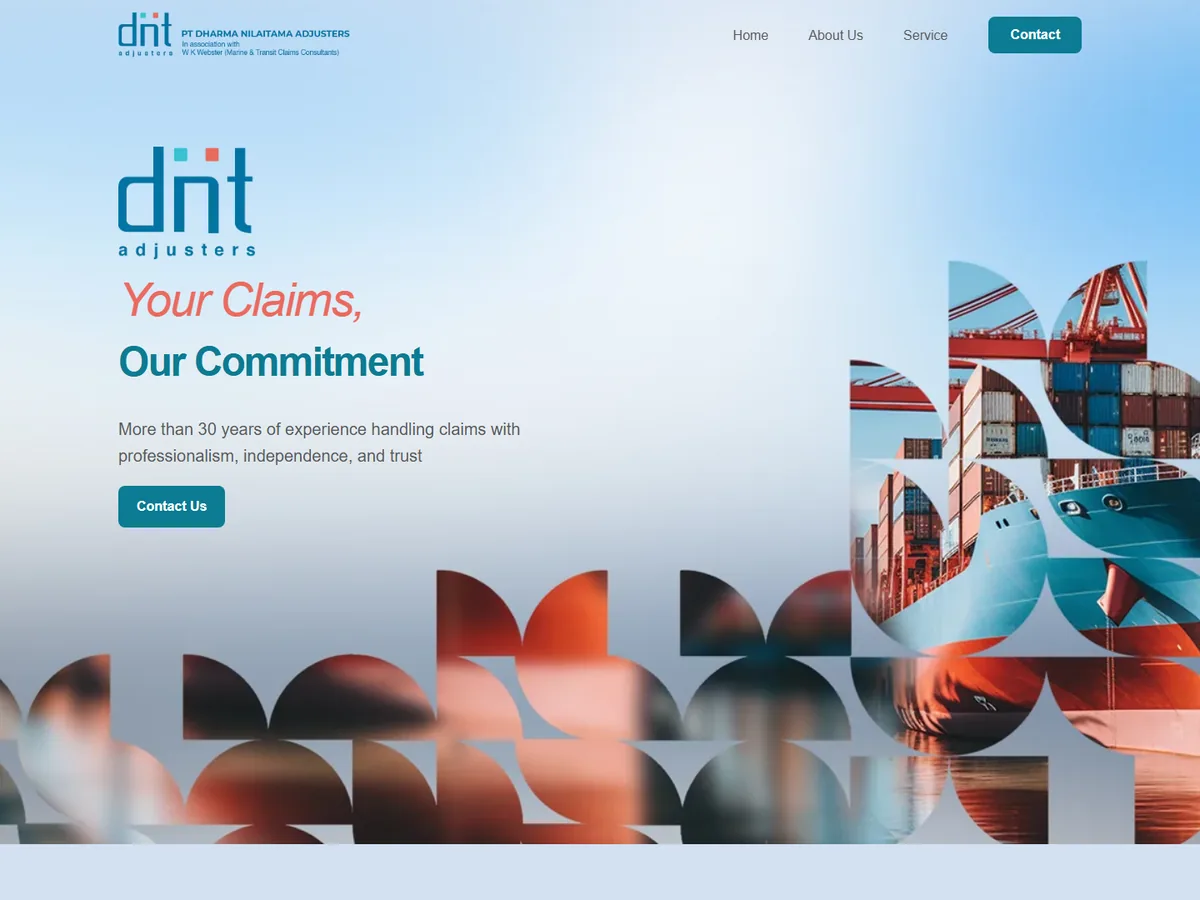 DNT Adjusters homepage: the headline "Your Claims, Our Commitment" on a soft blue background, next to a mosaic of ship and port photos.