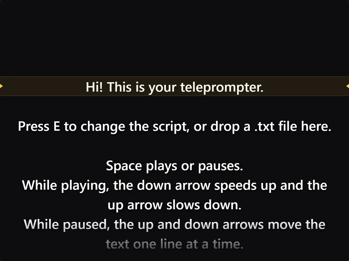 Prompter running in a browser: large white script text on a dark screen, with the current line highlighted.