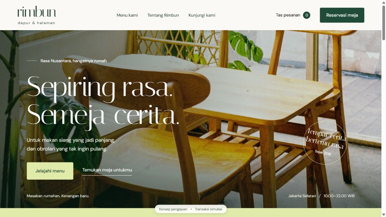 Rimbun restaurant website with tropical dining photography and the headline Sepiring rasa. Semeja cerita.